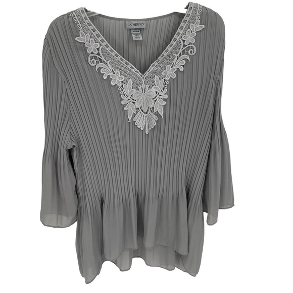 Catherines Tops - Catherine’s Women’s Gray Pleated Peplum Top Size 1X Floral Neckline Bell Sleeves